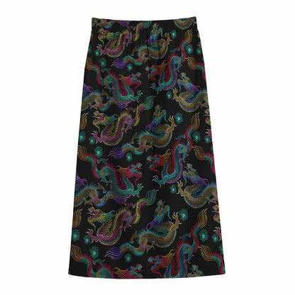 Chinese Dragon Pattern Print Cotton Front Slit Maxi Skirt