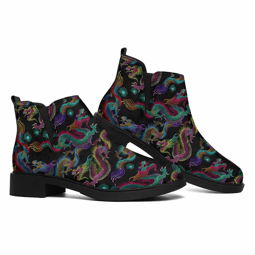 Chinese Dragon Pattern Print Flat Ankle Boots