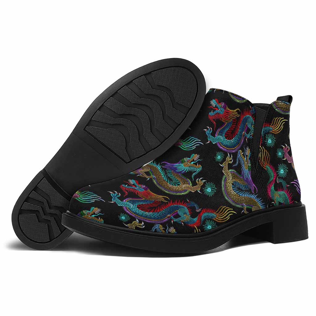 Chinese Dragon Pattern Print Flat Ankle Boots