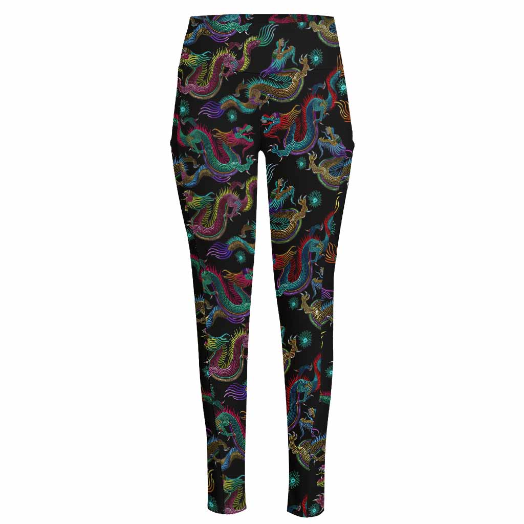 Chinese Dragon Pattern Print High-Waisted Pocket Leggings