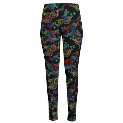 Chinese Dragon Pattern Print High-Waisted Pocket Leggings