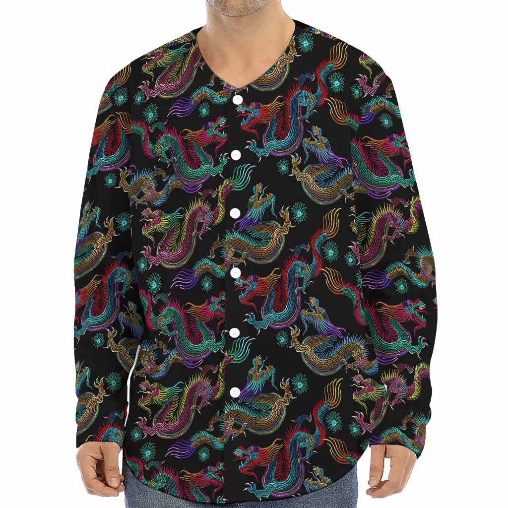 Chinese Dragon Pattern Print Long Sleeve Baseball Jersey