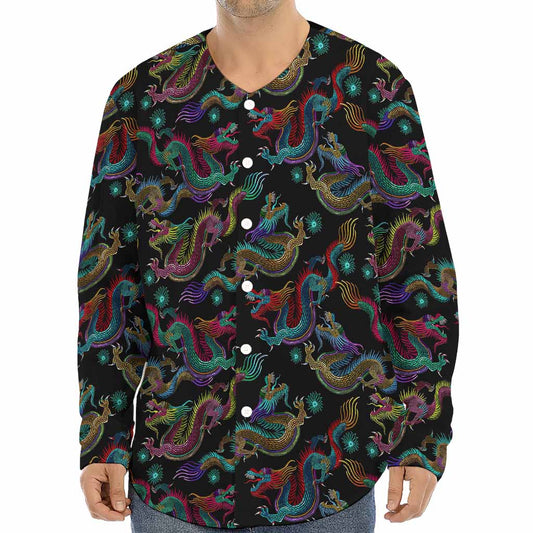 Chinese Dragon Pattern Print Long Sleeve Baseball Jersey