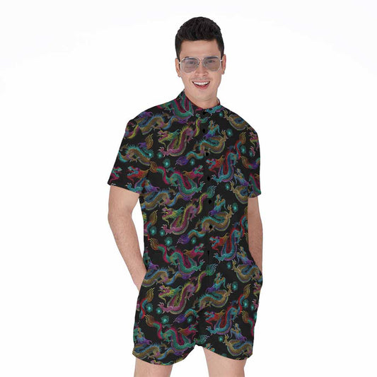 Chinese Dragon Pattern Print Men's Rompers