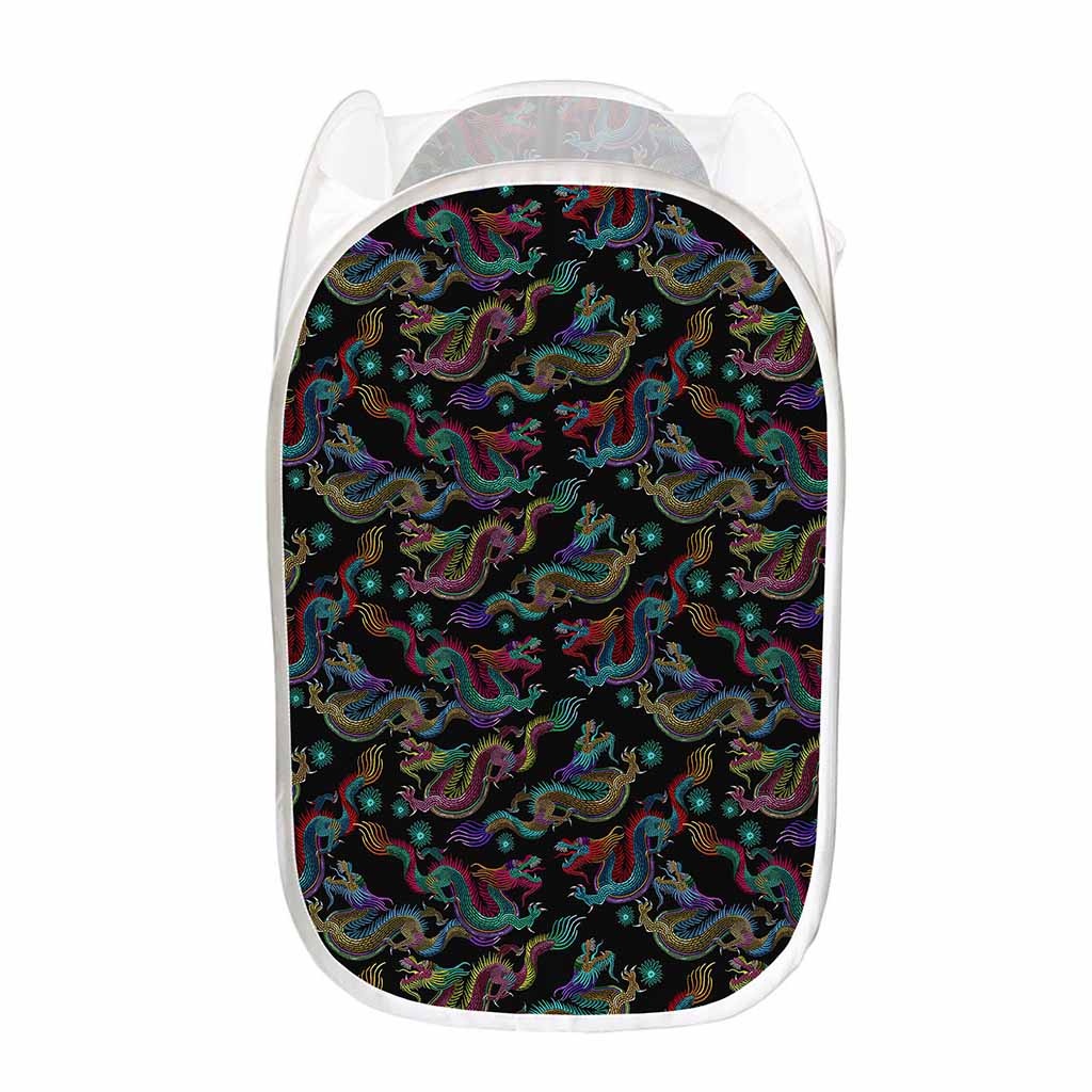 Chinese Dragon Pattern Print Mesh Laundry Hamper
