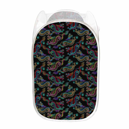 Chinese Dragon Pattern Print Mesh Laundry Hamper