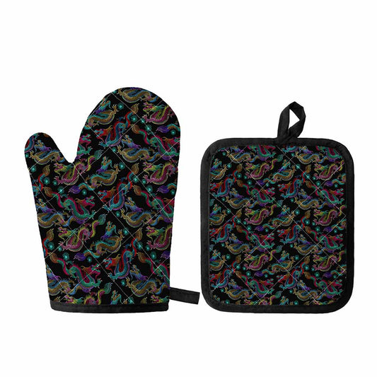 Chinese Dragon Pattern Print Oven Mitt And Pot Holder Set