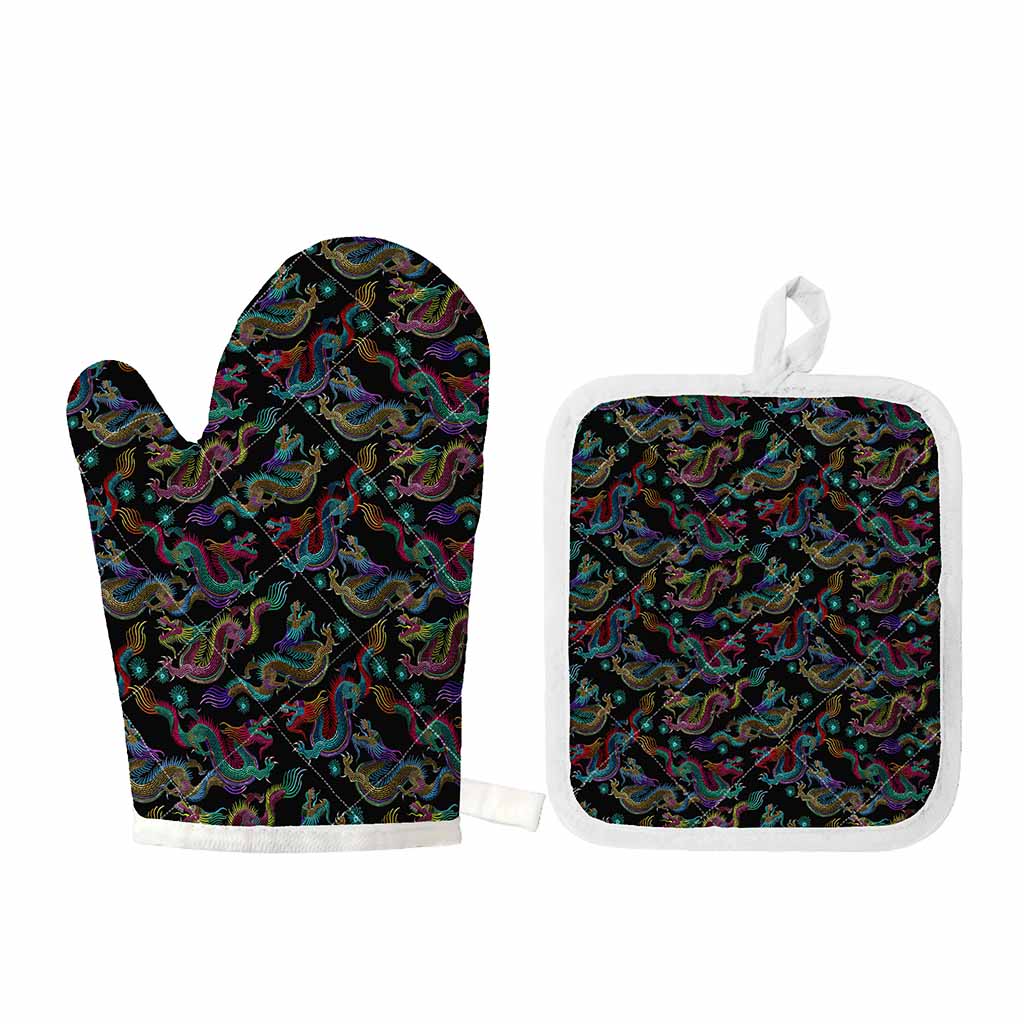 Chinese Dragon Pattern Print Oven Mitt And Pot Holder Set