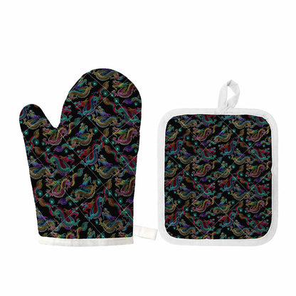 Chinese Dragon Pattern Print Oven Mitt And Pot Holder Set