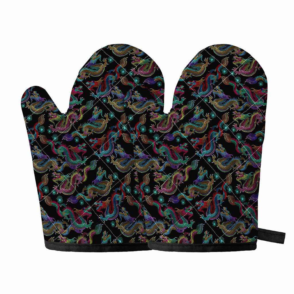 Chinese Dragon Pattern Print Oven Mitts