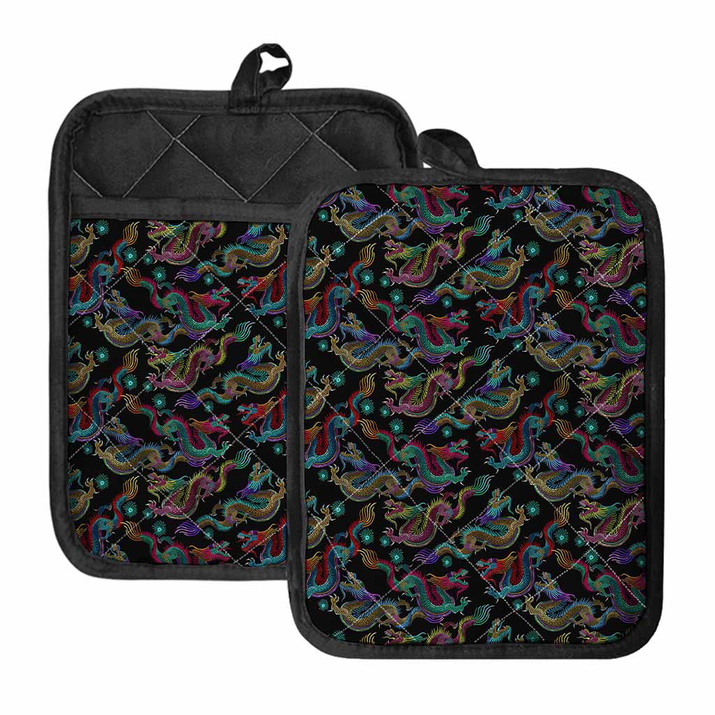 Chinese Dragon Pattern Print Pot Holders With Pocket