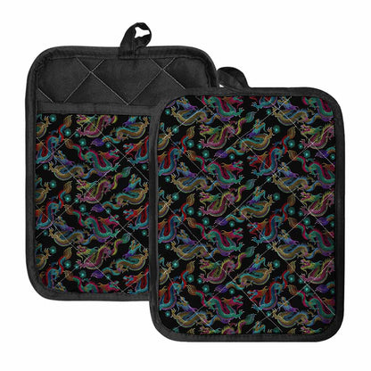Chinese Dragon Pattern Print Pot Holders With Pocket