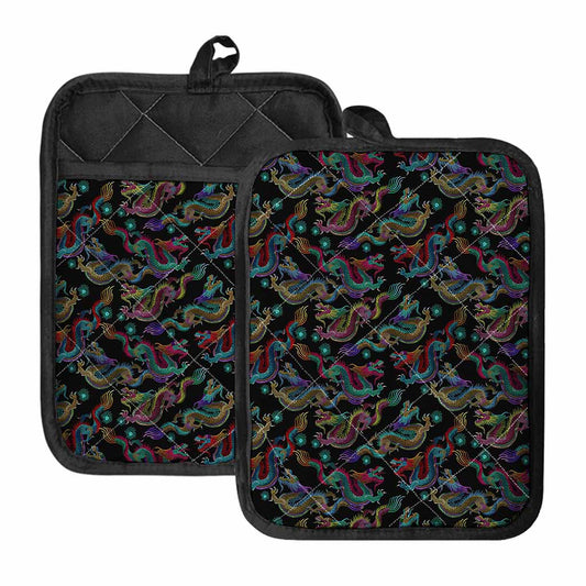 Chinese Dragon Pattern Print Pot Holders With Pocket