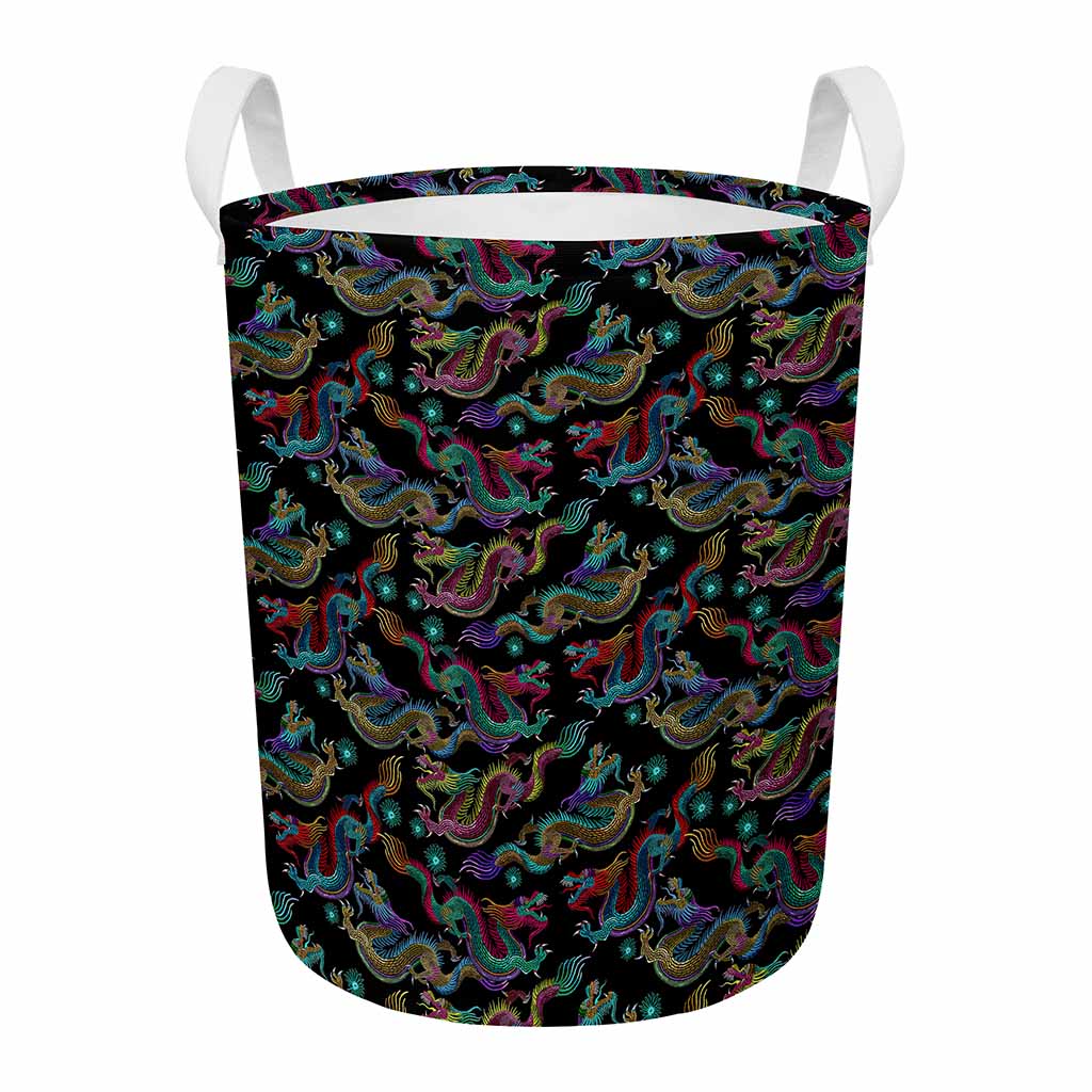 Chinese Dragon Pattern Print Round Laundry Basket