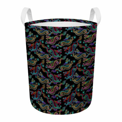 Chinese Dragon Pattern Print Round Laundry Basket