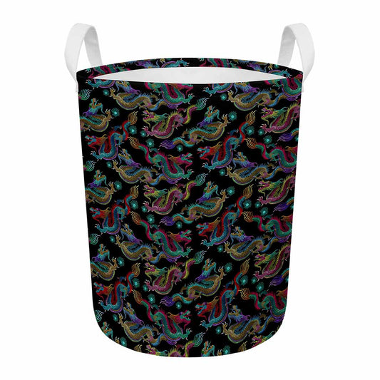 Chinese Dragon Pattern Print Round Laundry Basket