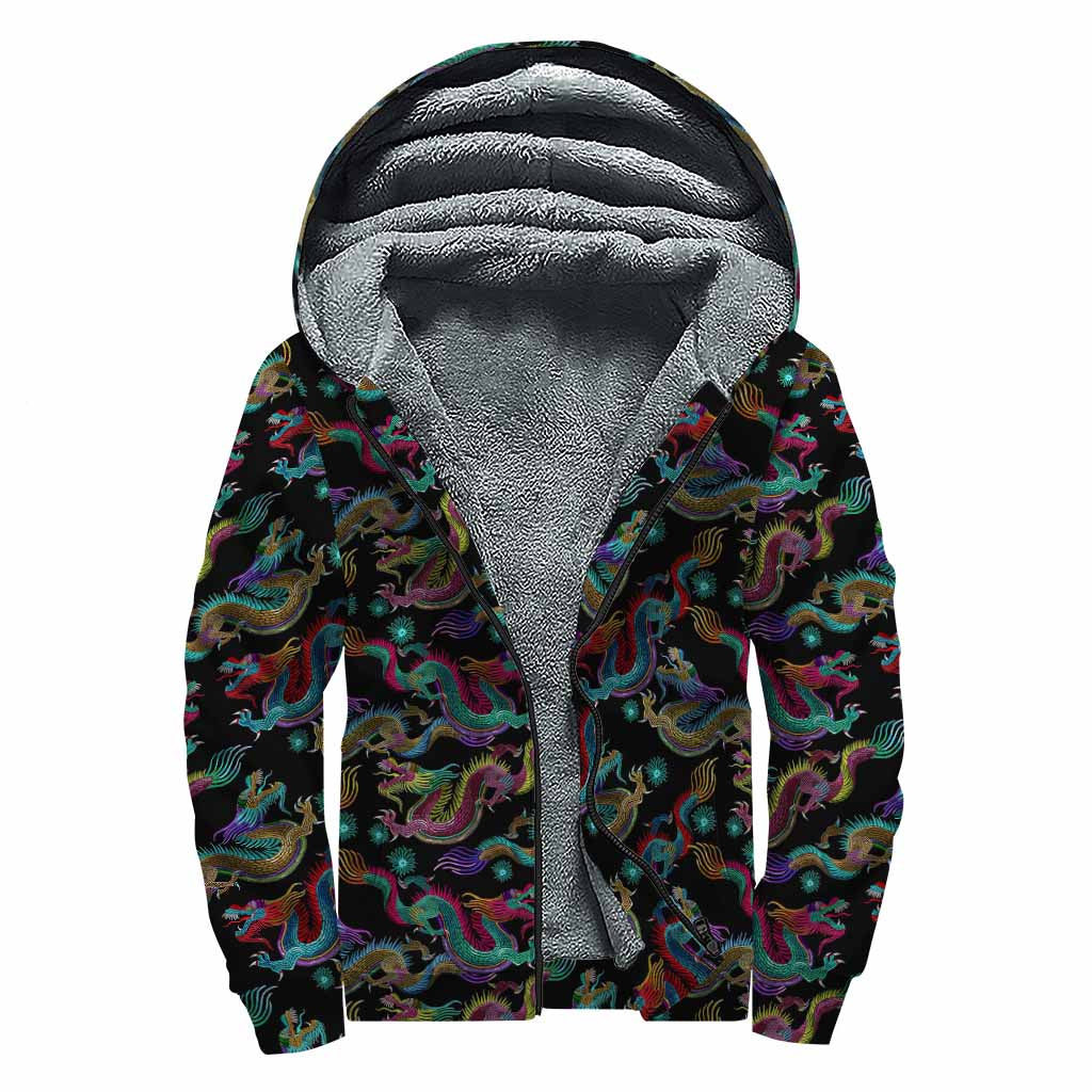 Chinese Dragon Pattern Print Sherpa Lined Zip Up Hoodie