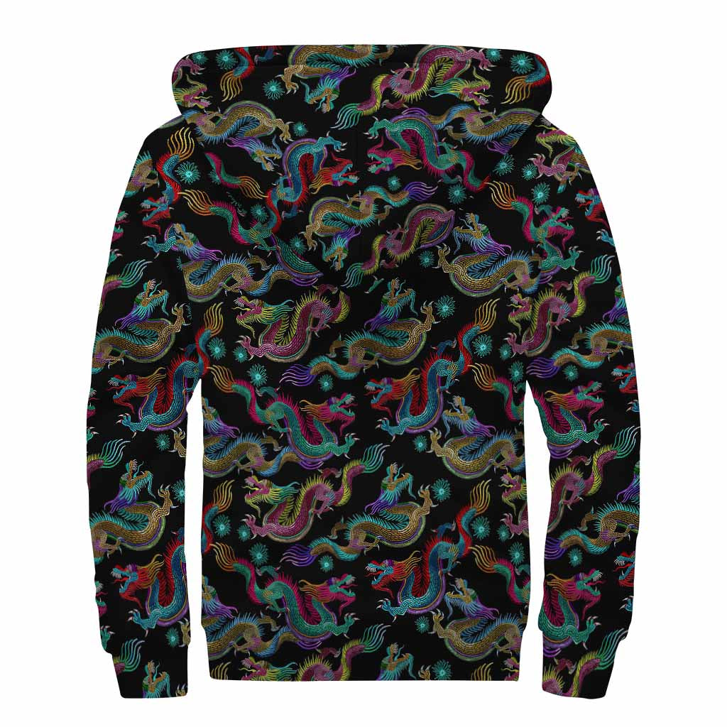 Chinese Dragon Pattern Print Sherpa Lined Zip Up Hoodie