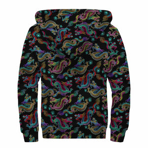Chinese Dragon Pattern Print Sherpa Lined Zip Up Hoodie