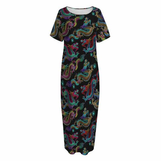 Chinese Dragon Pattern Print Short Sleeve Long Nightdress