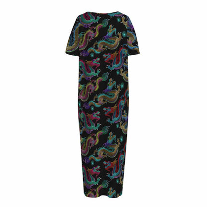 Chinese Dragon Pattern Print Short Sleeve Long Nightdress