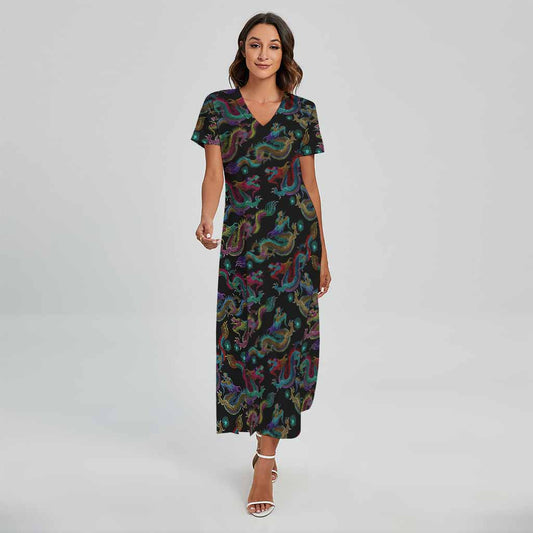 Chinese Dragon Pattern Print Short Sleeve Maxi Dress