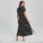 Chinese Dragon Pattern Print Short Sleeve Maxi Dress