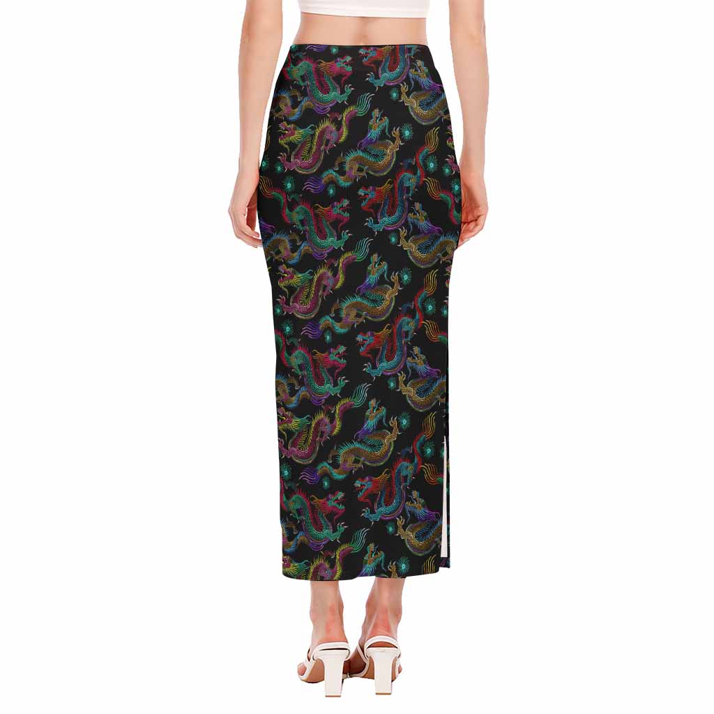 Chinese Dragon Pattern Print Side Slit Maxi Skirt