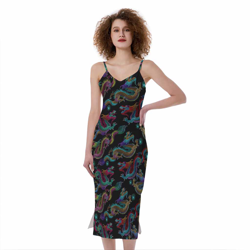 Chinese Dragon Pattern Print Slim Fit Midi Cami Dress