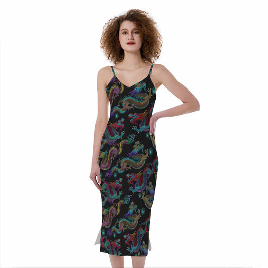 Chinese Dragon Pattern Print Slim Fit Midi Cami Dress