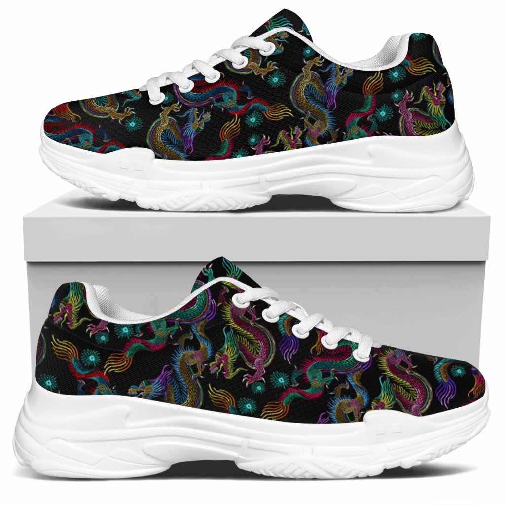 Chinese Dragon Pattern Print White Chunky Shoes