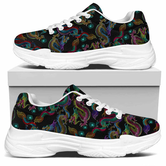 Chinese Dragon Pattern Print White Chunky Shoes