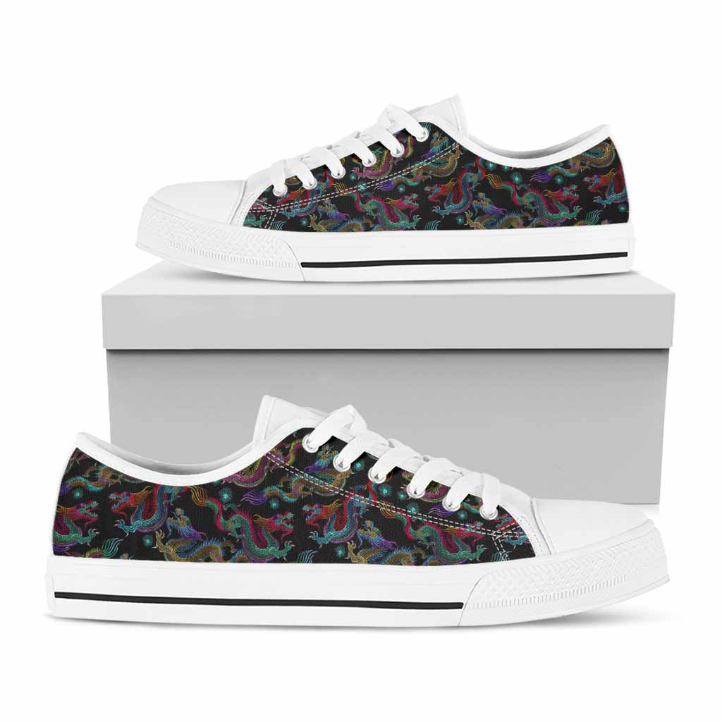 Chinese Dragon Pattern Print White Low Top Sneakers