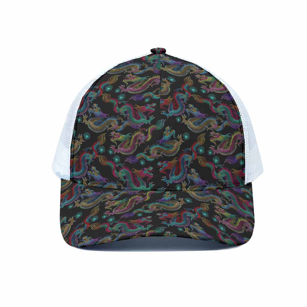 Chinese Dragon Pattern Print White Mesh Trucker Cap