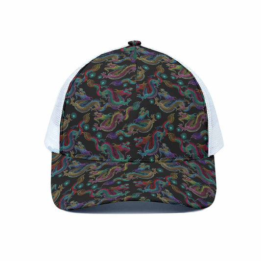 Chinese Dragon Pattern Print White Mesh Trucker Cap