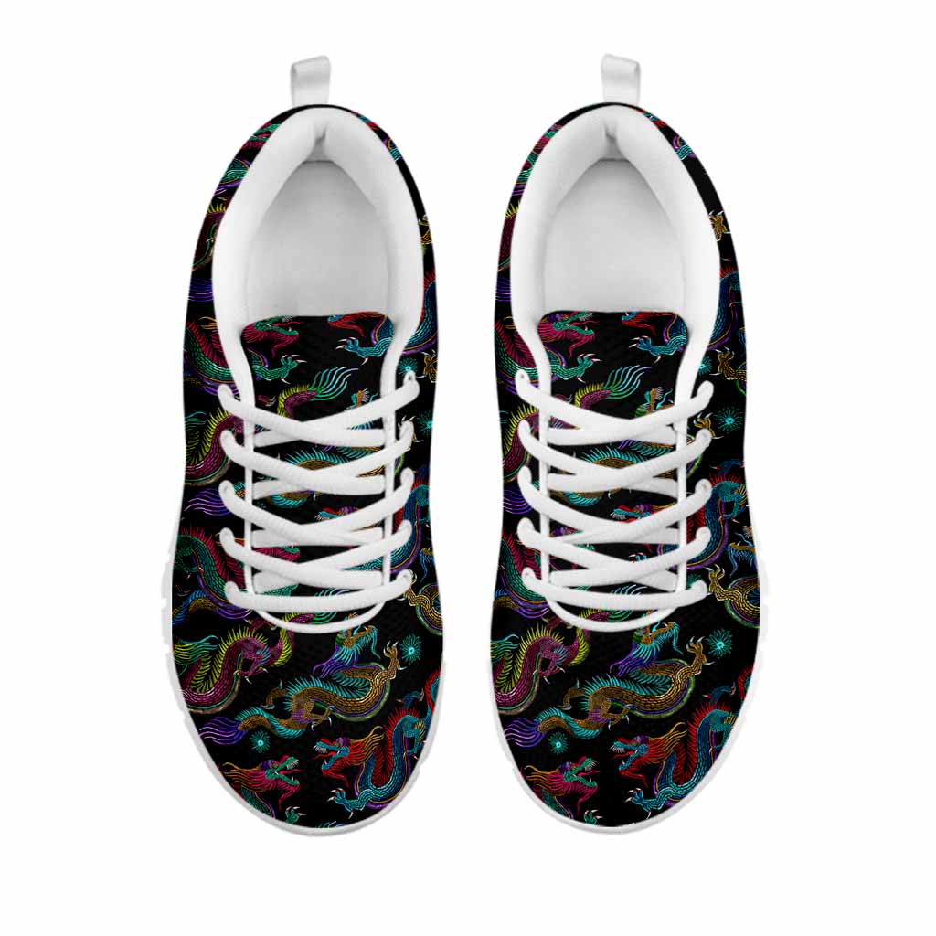 Chinese Dragon Pattern Print White Running Shoes