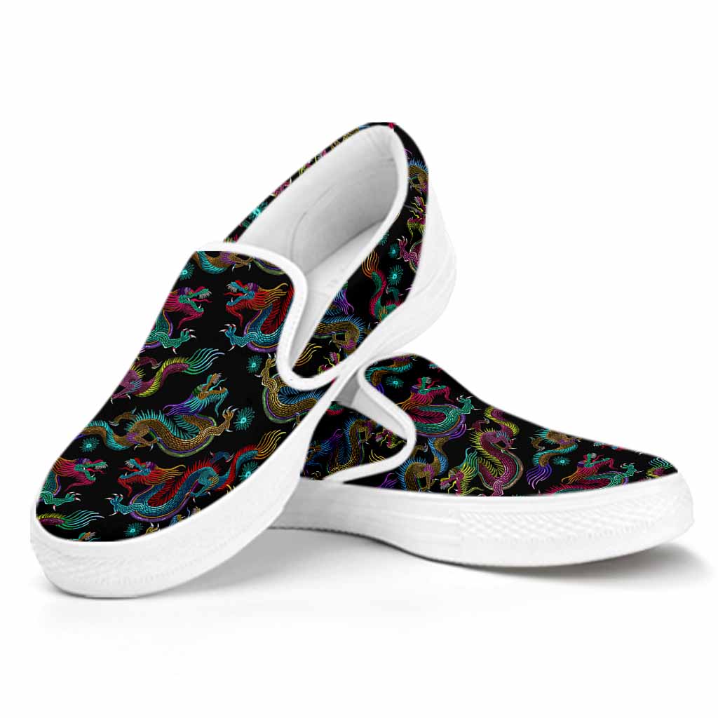 Chinese Dragon Pattern Print White Slip On Sneakers