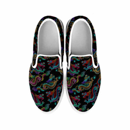 Chinese Dragon Pattern Print White Slip On Sneakers