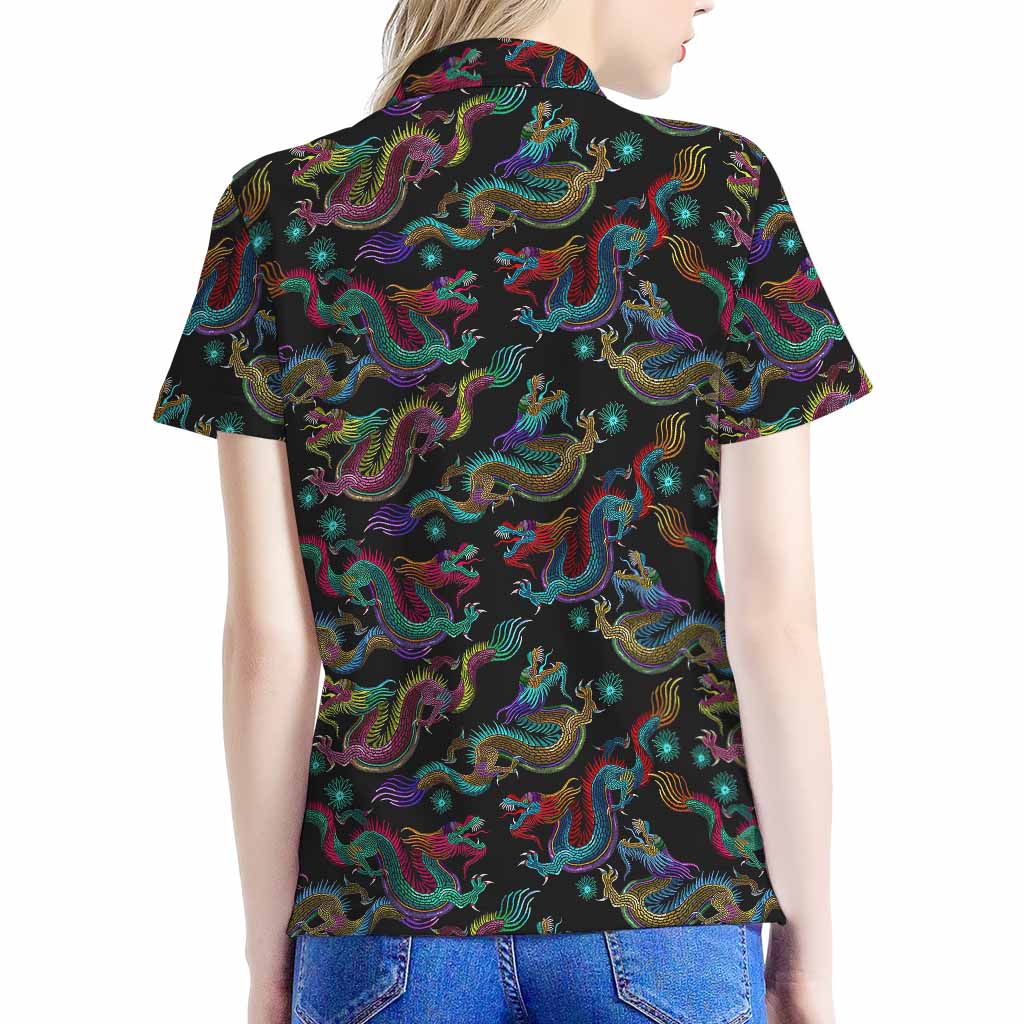 Chinese Dragon Pattern Print Women's Polo Shirt