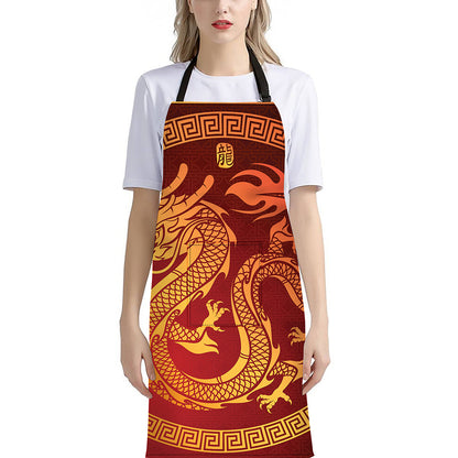 Chinese Dragon Zodiac Sign Print Bib Apron With Pocket