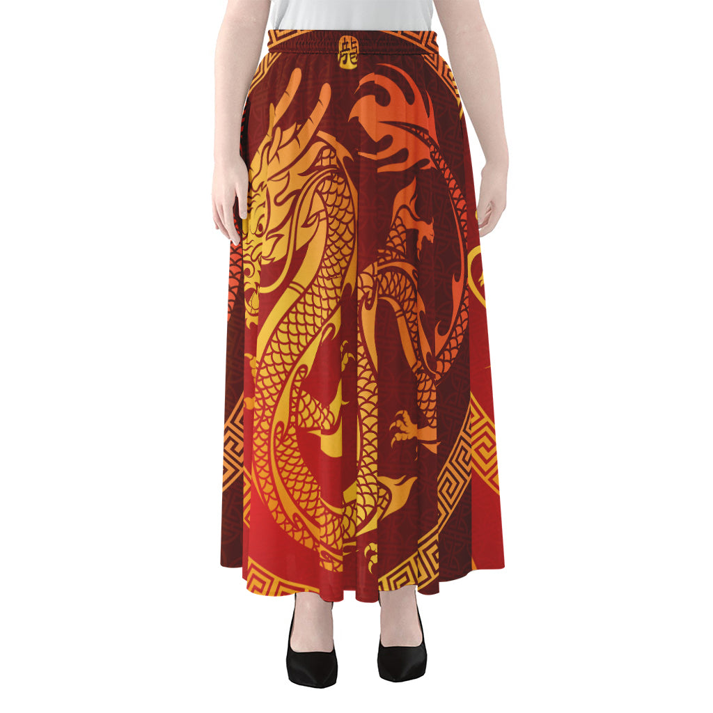 Chinese Dragon Zodiac Sign Print Chiffon Maxi Skirt