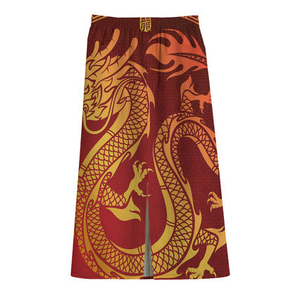 Chinese Dragon Zodiac Sign Print Cotton Front Slit Maxi Skirt