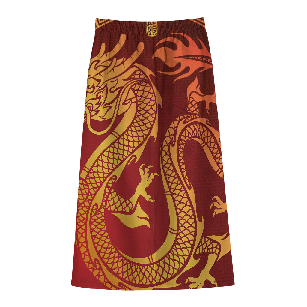 Chinese Dragon Zodiac Sign Print Cotton Front Slit Maxi Skirt