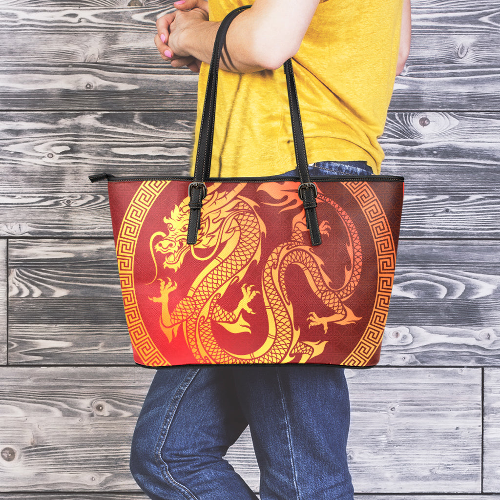 Chinese Dragon Zodiac Sign Print Leather Tote Bag