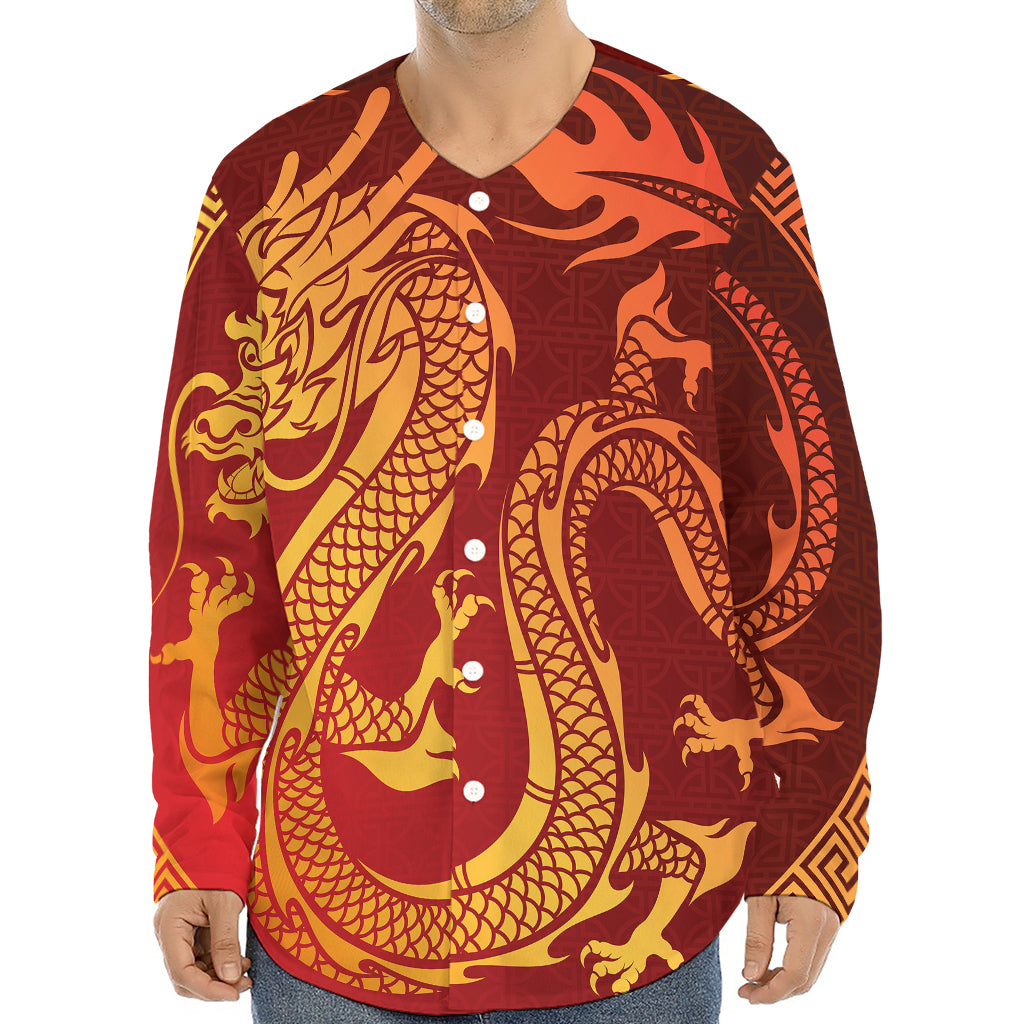 Chinese Dragon Zodiac Sign Print Long Sleeve Baseball Jersey