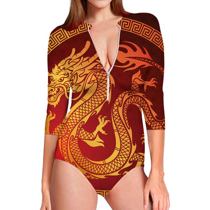 Chinese Dragon Zodiac Sign Print Long Sleeve Swimsuit