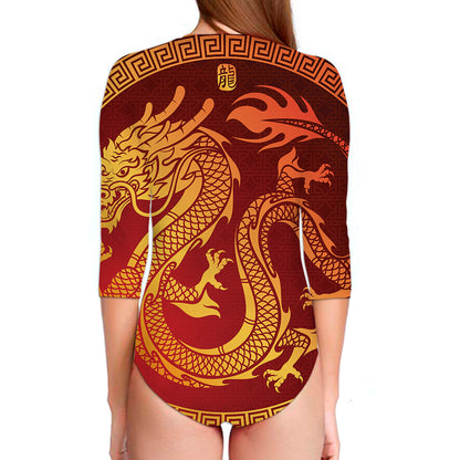 Chinese Dragon Zodiac Sign Print Long Sleeve Swimsuit