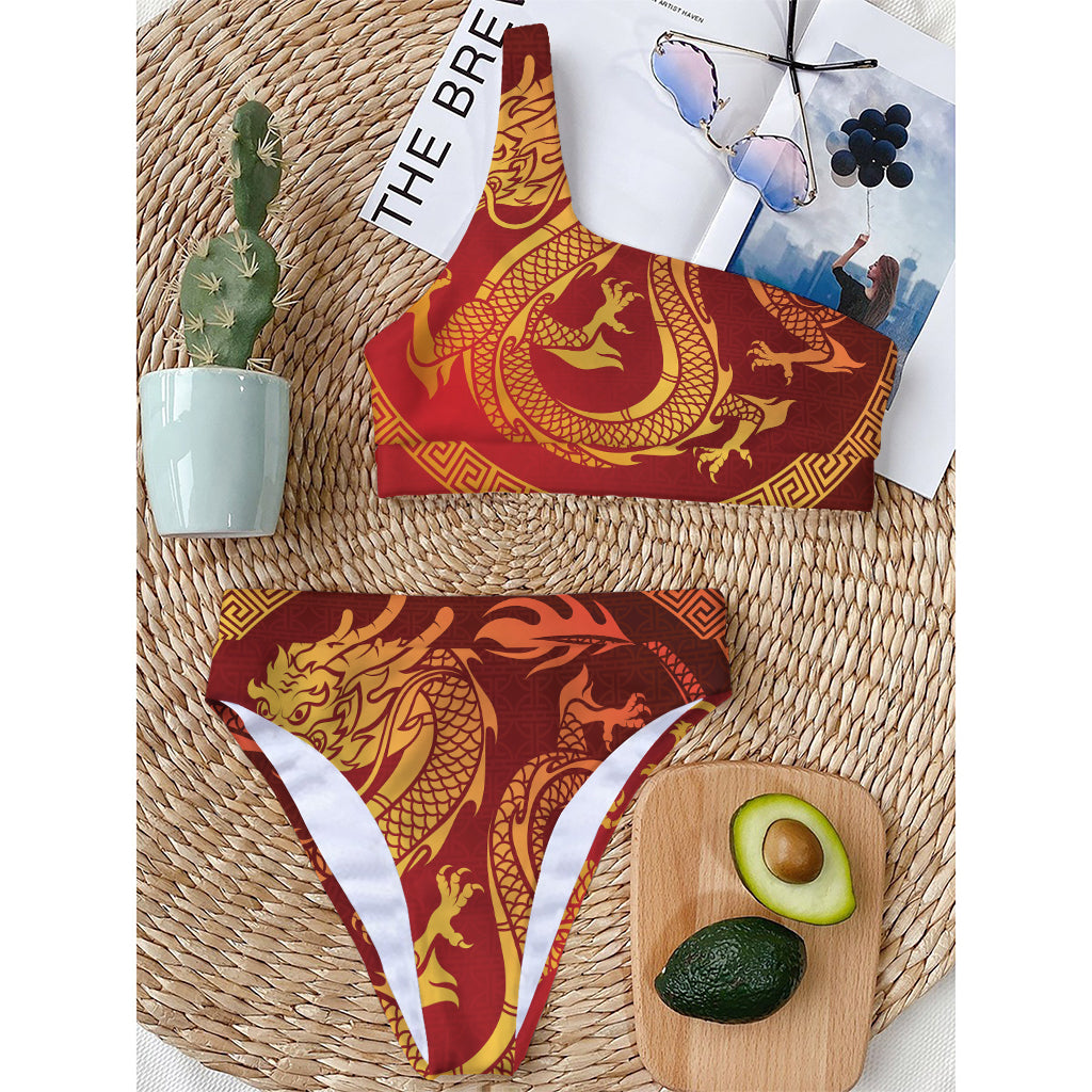 Chinese Dragon Zodiac Sign Print One Shoulder Bikini Top
