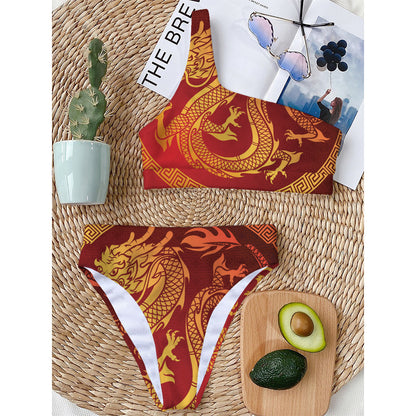 Chinese Dragon Zodiac Sign Print One Shoulder Bikini Top