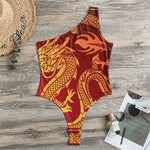 Chinese Dragon Zodiac Sign Print One Shoulder Bodysuit
